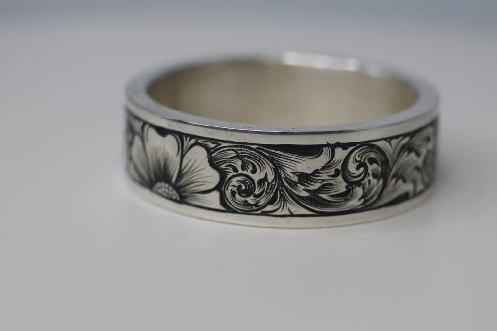 Custom Hand-Engraved Scroll wedding band.